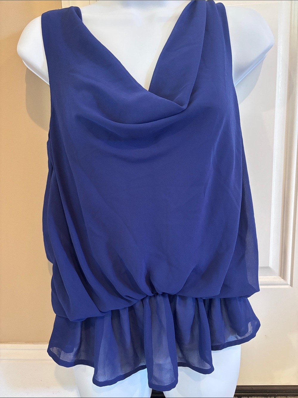 Gracia Royal Blue Draped Chiffon Peplum Top featuring Multi-strand Gold Chains